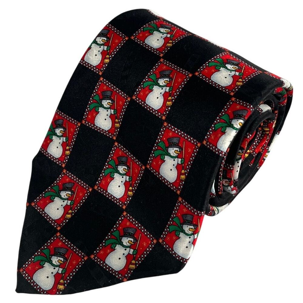 Hallmark Snowman Holiday Novelty Harlequin Checkerboard Silk Necktie 60x4